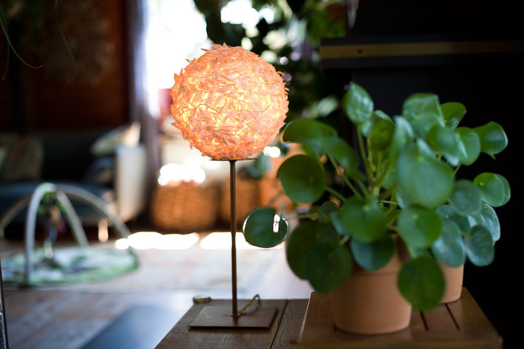 Lámpara Tuliki encendida junto a una planta