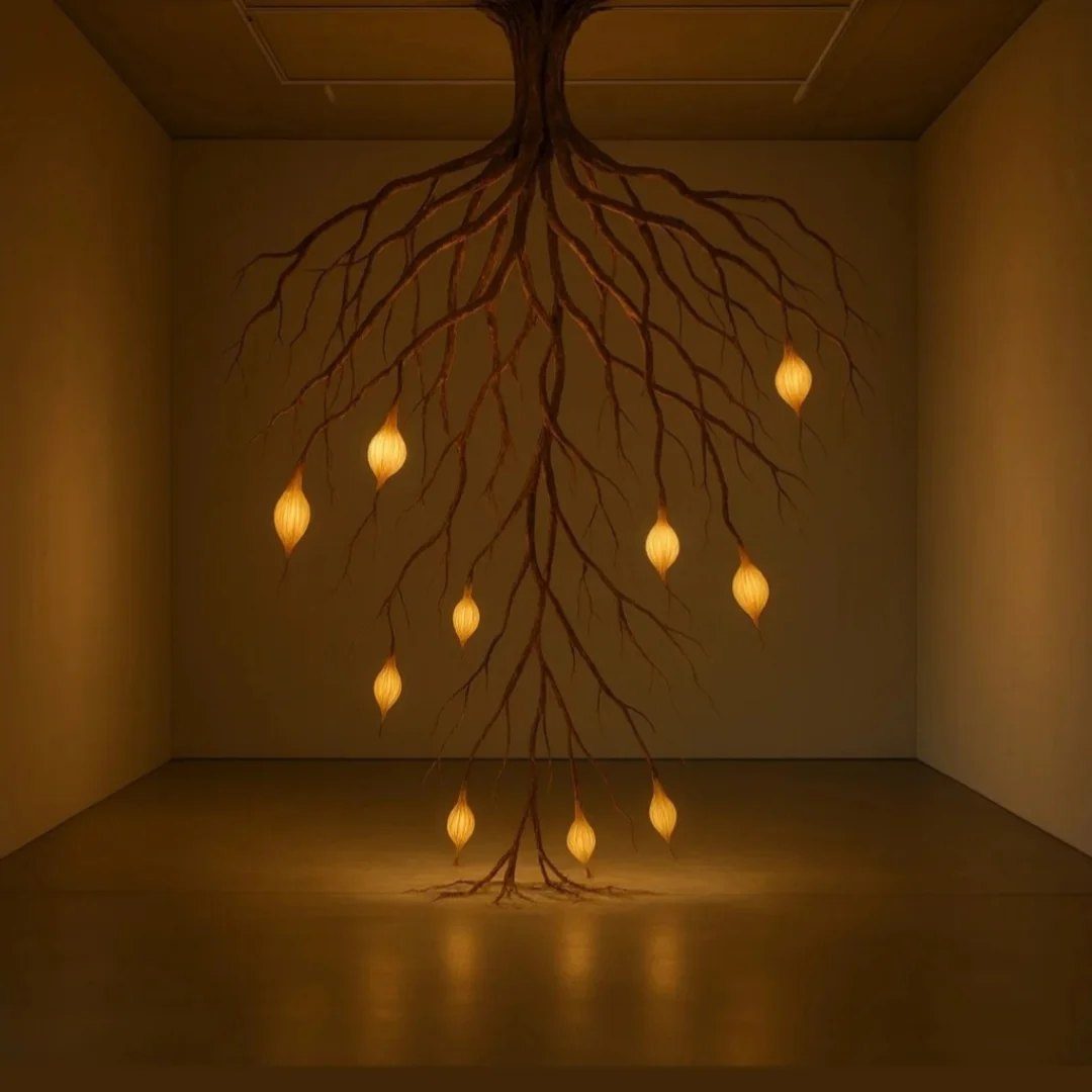 Escultura de raíces suspendida con luces en forma de gota, en una sala vacía